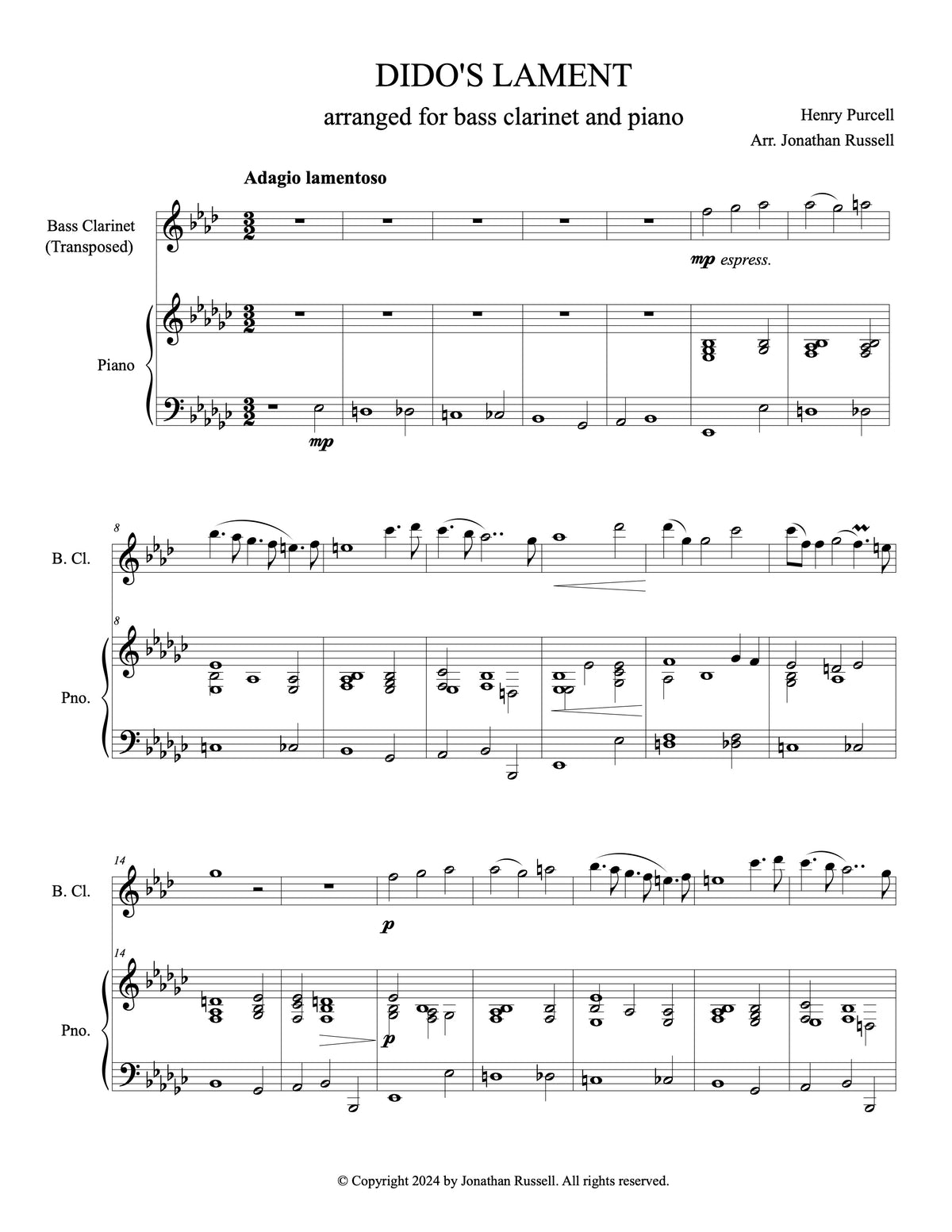 PURCELL: DIDO'S LAMENT (bass clarinet and piano)