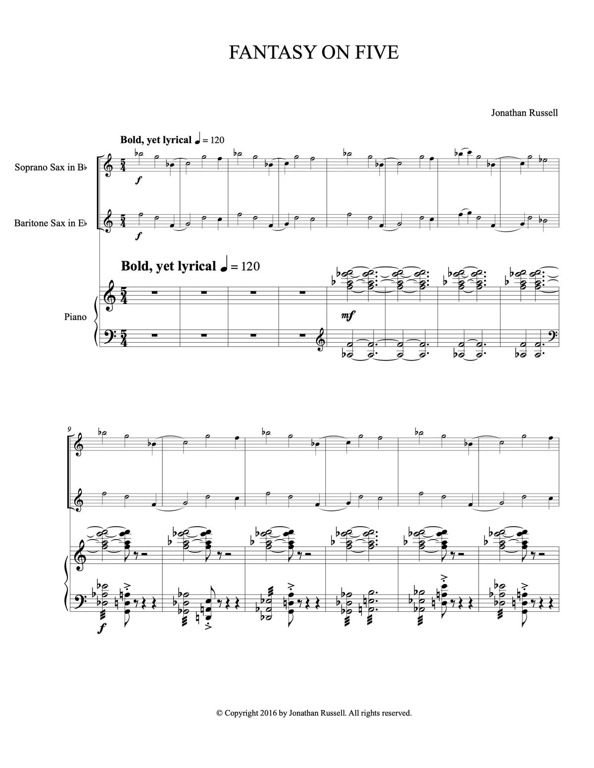 FANTASY ON FIVE PIANO REDUCTION (soprano saxophone, baritone saxophone, and piano)