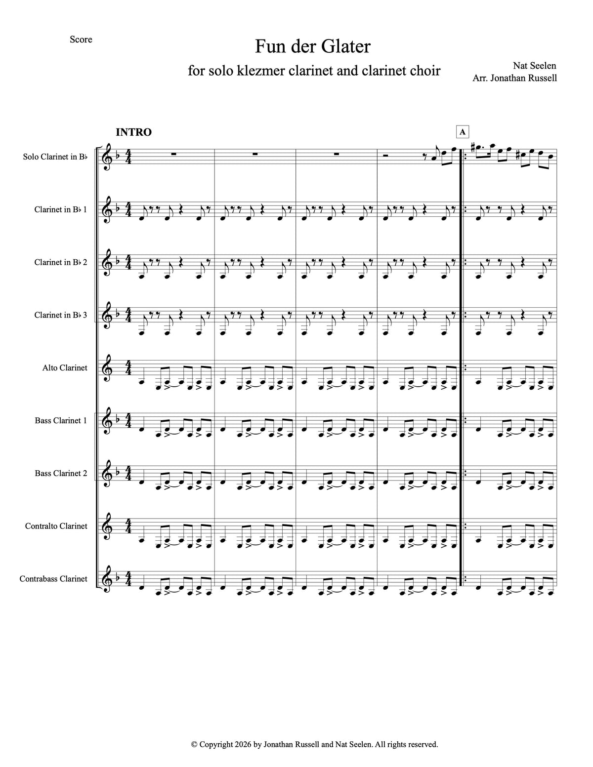 FUN DER GLATER (solo clarinet and clarinet choir)