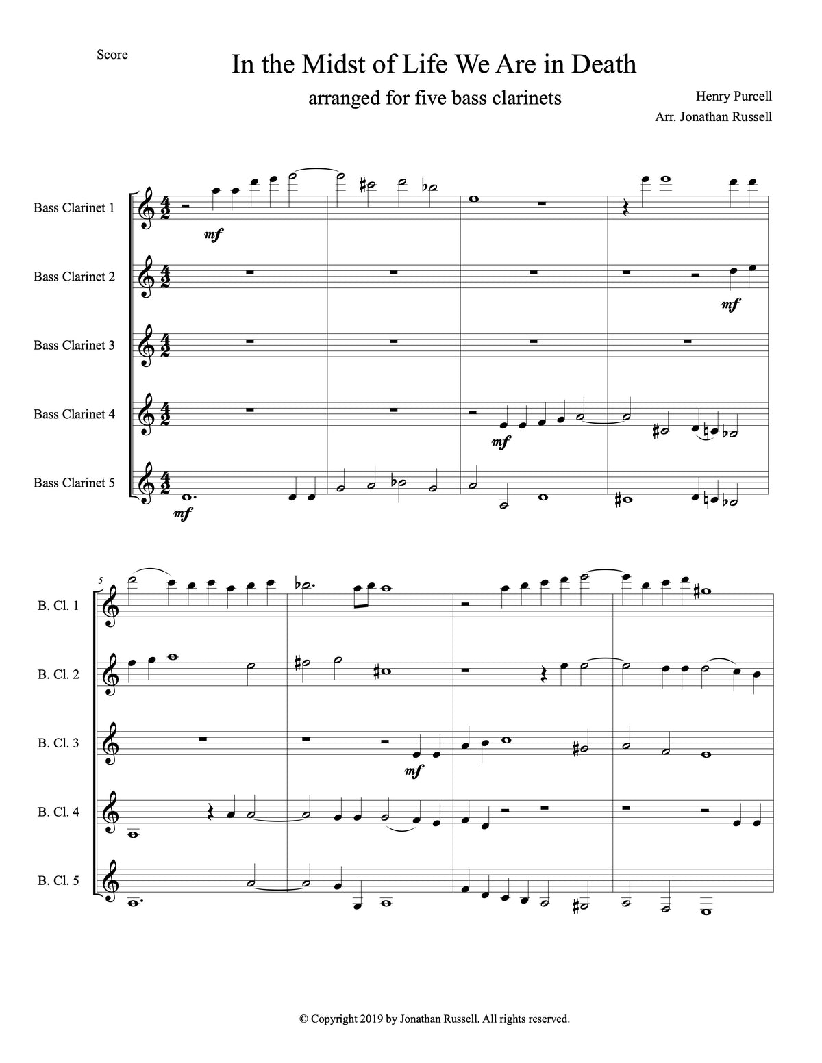 PURCELL: IN THE MIDST OF LIFE (5 bass clarinets)