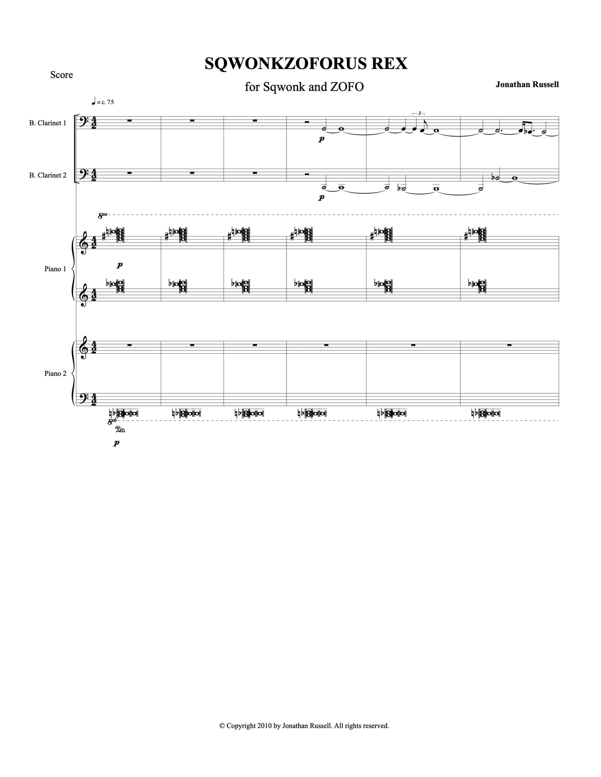 SQWONKZOFORUS REX (2 bass clarinets, piano 4-hands)