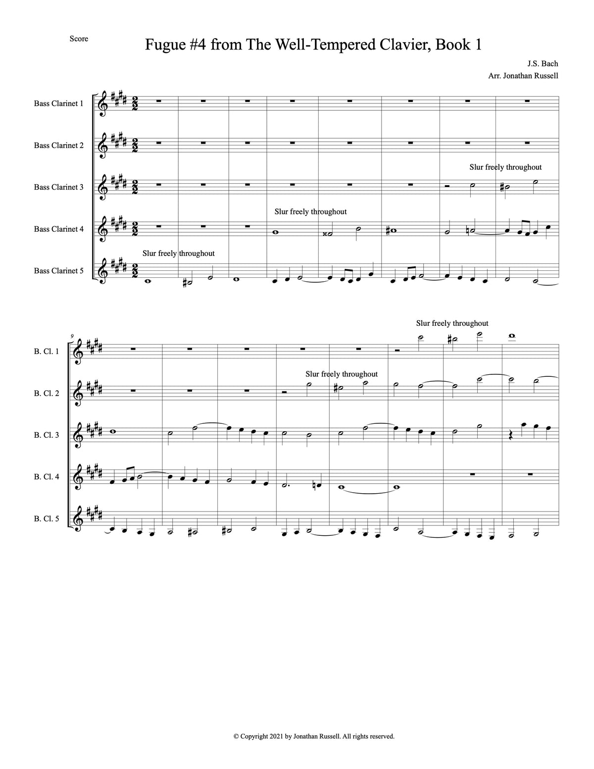 BACH: FUGUE #4 FROM WELL-TEMPERED CLAVIER BOOK 1 (5 bass clarinets)