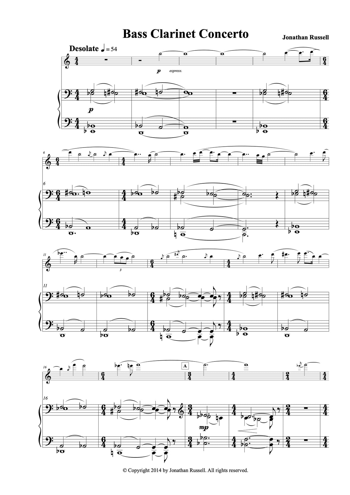 BASS CLARINET CONCERTO PIANO REDUCTION (bass clarinet and piano)