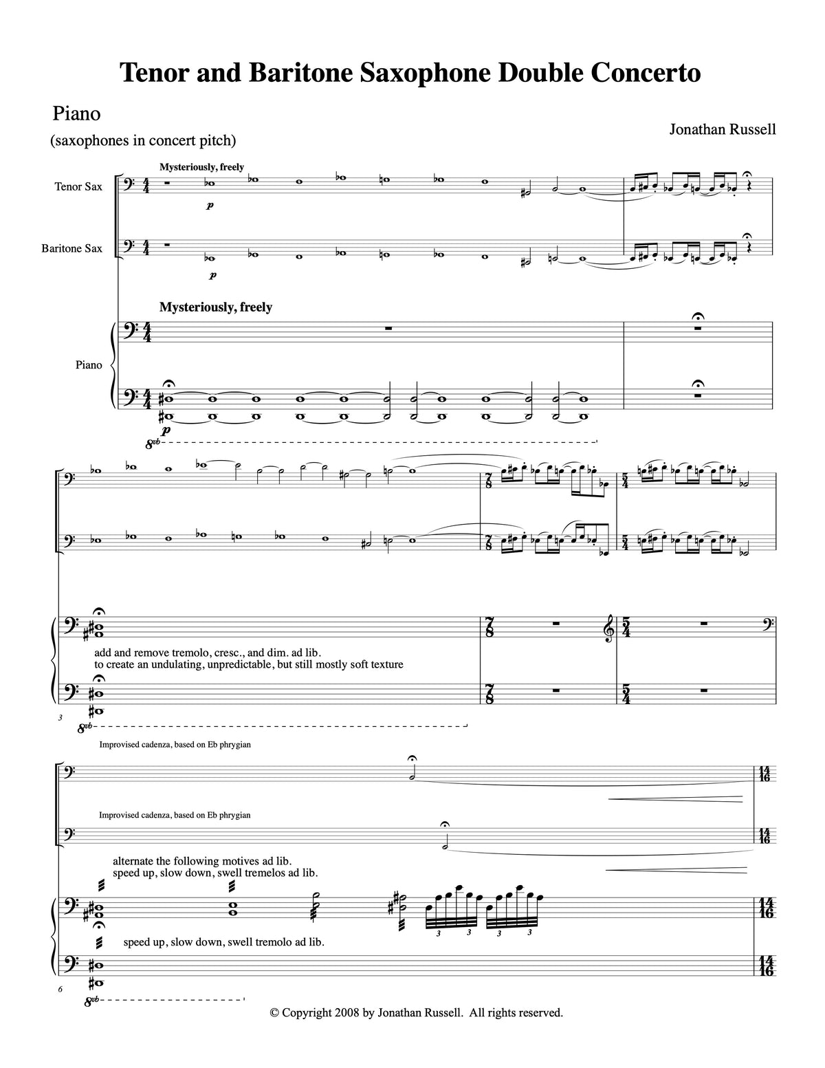 SAXOPHONE DOUBLE CONCERTO PIANO REDUCTION (tenor sax, bari sax, piano)